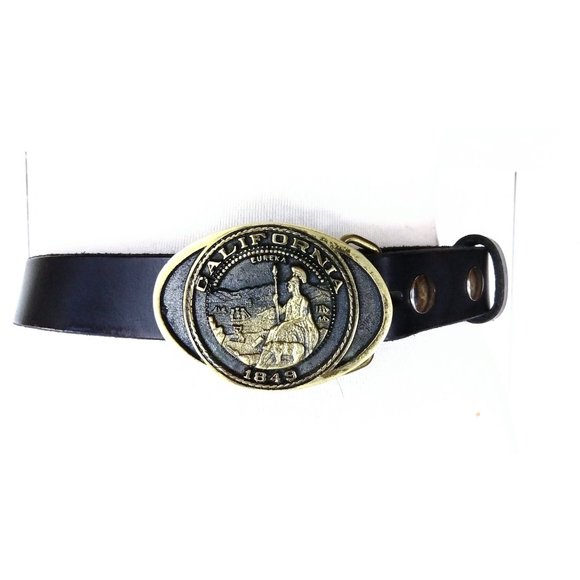 Black leather large metal California 1849 solid brass buckle - Picture 2 of 5
